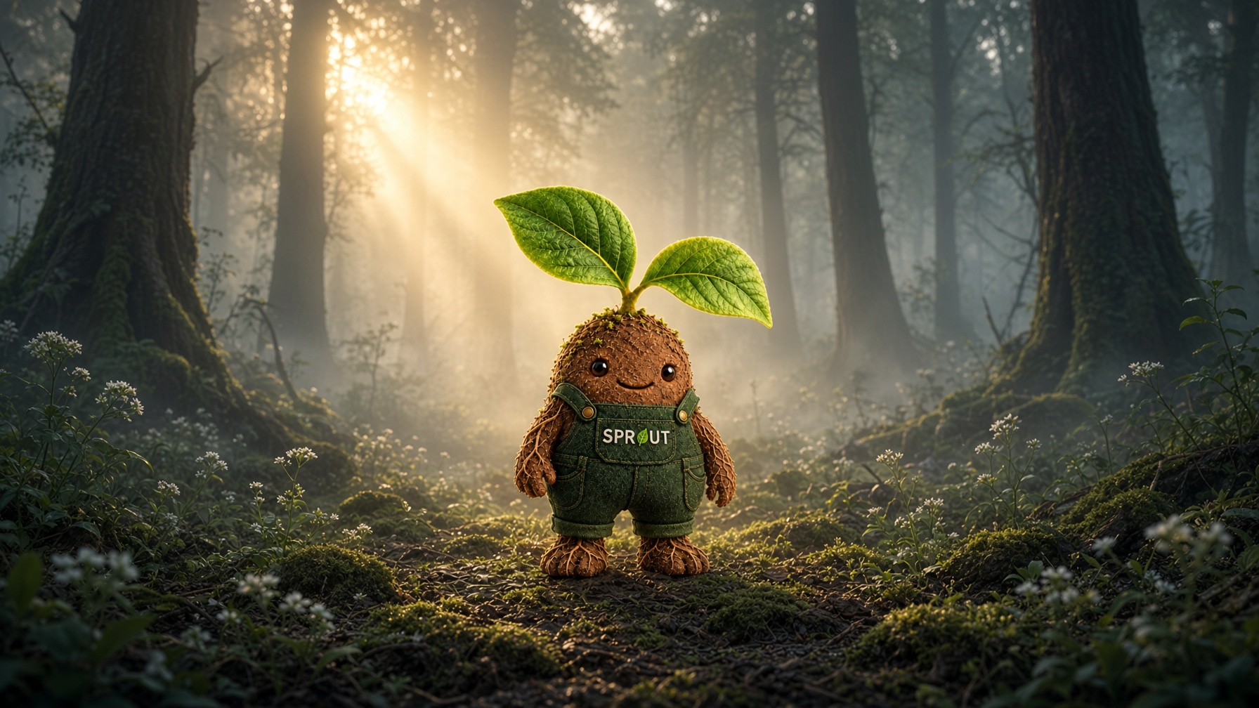 A small sprout standing alone in a misty forest clearing at dawn