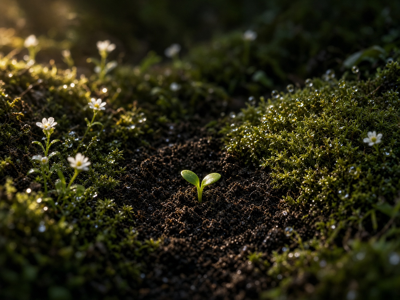 A tiny green sprout breaking through dark mossy soil
